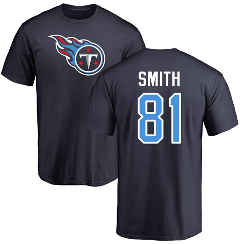 Tennessee Titans Men Navy Blue Jonnu Smith Name and Number Logo NFL Football 81 T Shirt